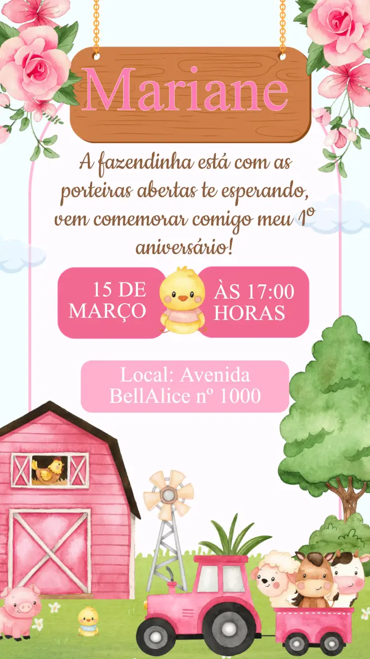 Convite Convite Aniversário Fazendinha – tema Aniversário Infantil fazenda, animais, cores vibrantes, campestre, divertido