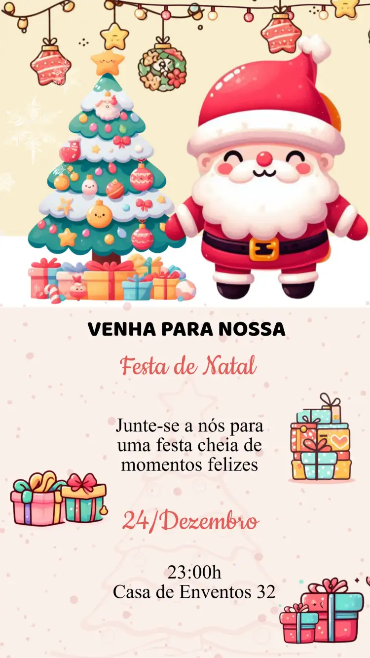 Convite Convite Aniversário Festa de Natal – tema Datas Comemorativas natalino, festivo, brilho dourado, estilo moderno, cores vibrantes, elementos clássicos