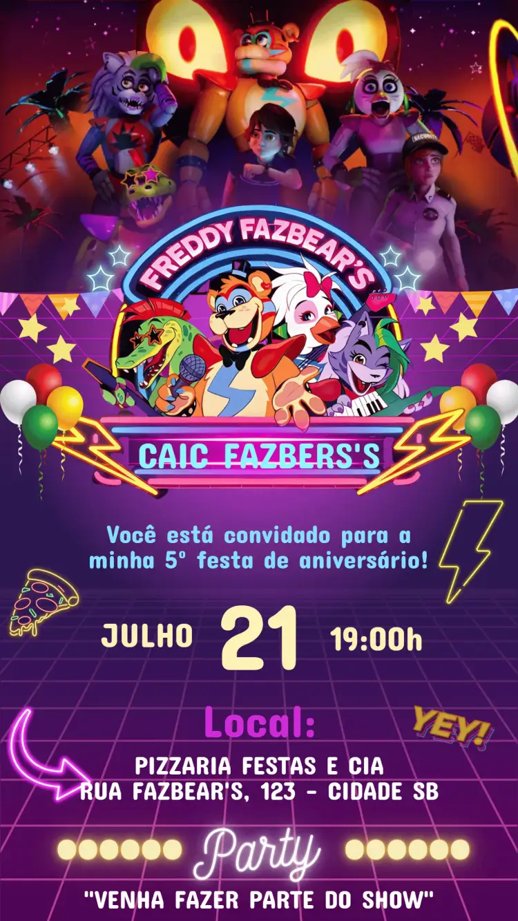 Convite Convite Aniversário Five Nights At Freddy Fazbear's – tema Aniversário Infantil escuro e vibrante, divertido e lúdico, estilo de jogo, personagens de terror, cores contrastantes, design moderno