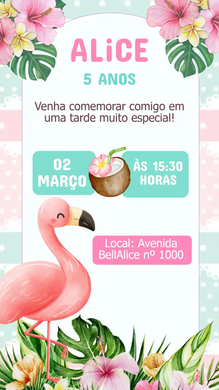 Convite Convite Aniversário Flamingo – tema Aniversário Infantil tropical, colorido, divertido, animais, natureza, aquarela