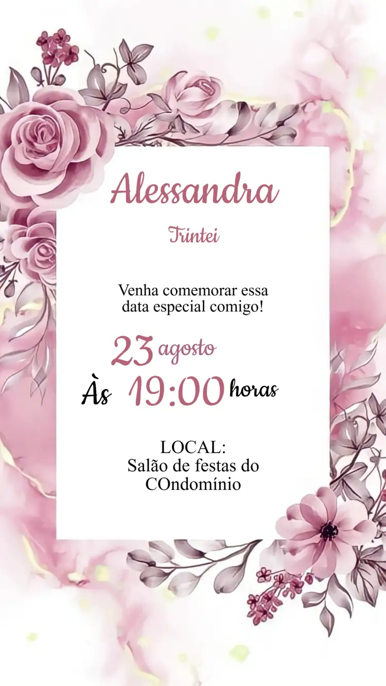 Convite Convite Aniversário Floral Rosa – tema Aniversário Infantil floral, romântico, primavera, colorido, delicado, elegante