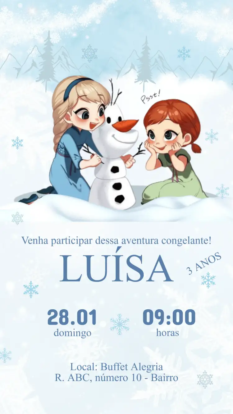 Convite Convite Aniversário Frozen – tema Aniversário Infantil azul gelado, branco brilhante, elementos de neve, estilo lúdico, detalhes encantados, ilustrações do filme