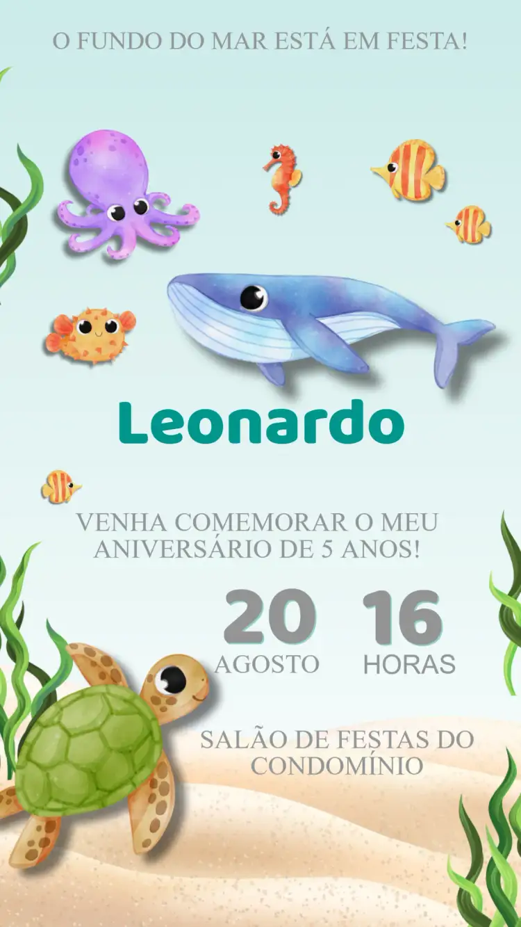 Convite Convite Aniversário Fundo do Mar – tema Aniversário Infantil marinho, colorido, divertido, tropical, infantil