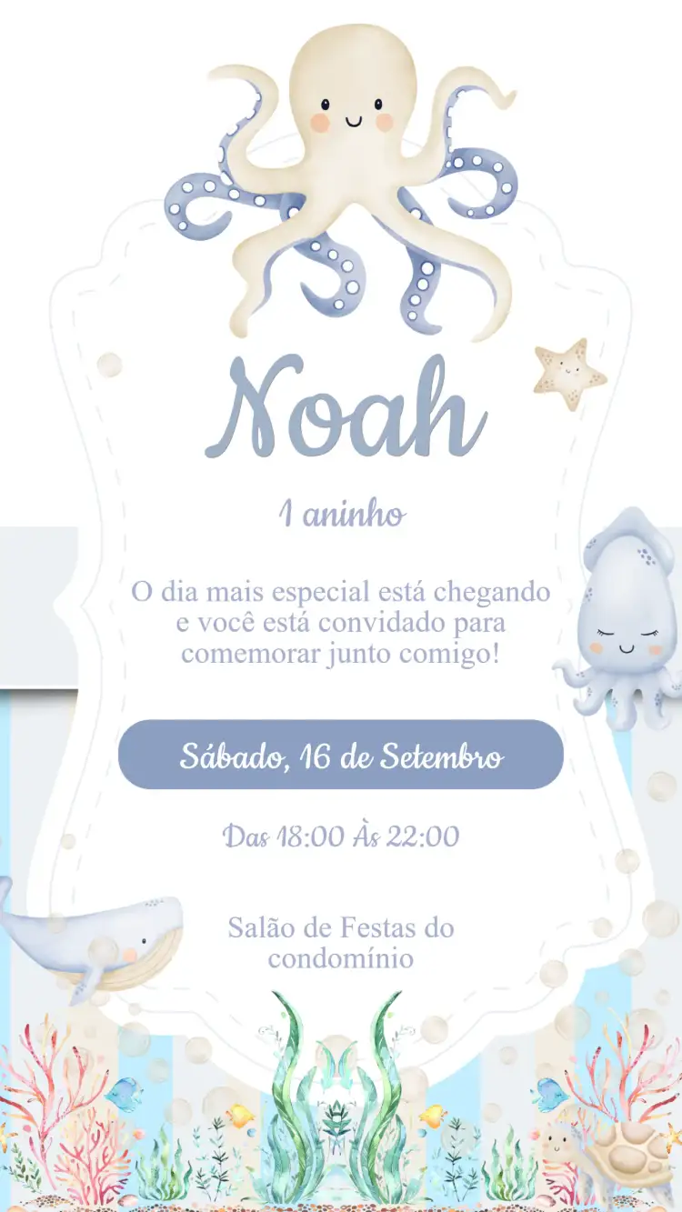 Convite Convite Aniversário Fundo do Mar – tema Aniversário Infantil marinho, colorido, lúdico, temático, divertido