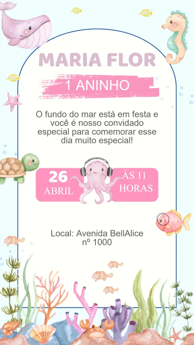 Convite Convite Aniversário Fundo do Mar – tema Aniversário Infantil cores vibrantes, elementos marinhos, estilo divertido, ilustrações coloridas, design lúdico