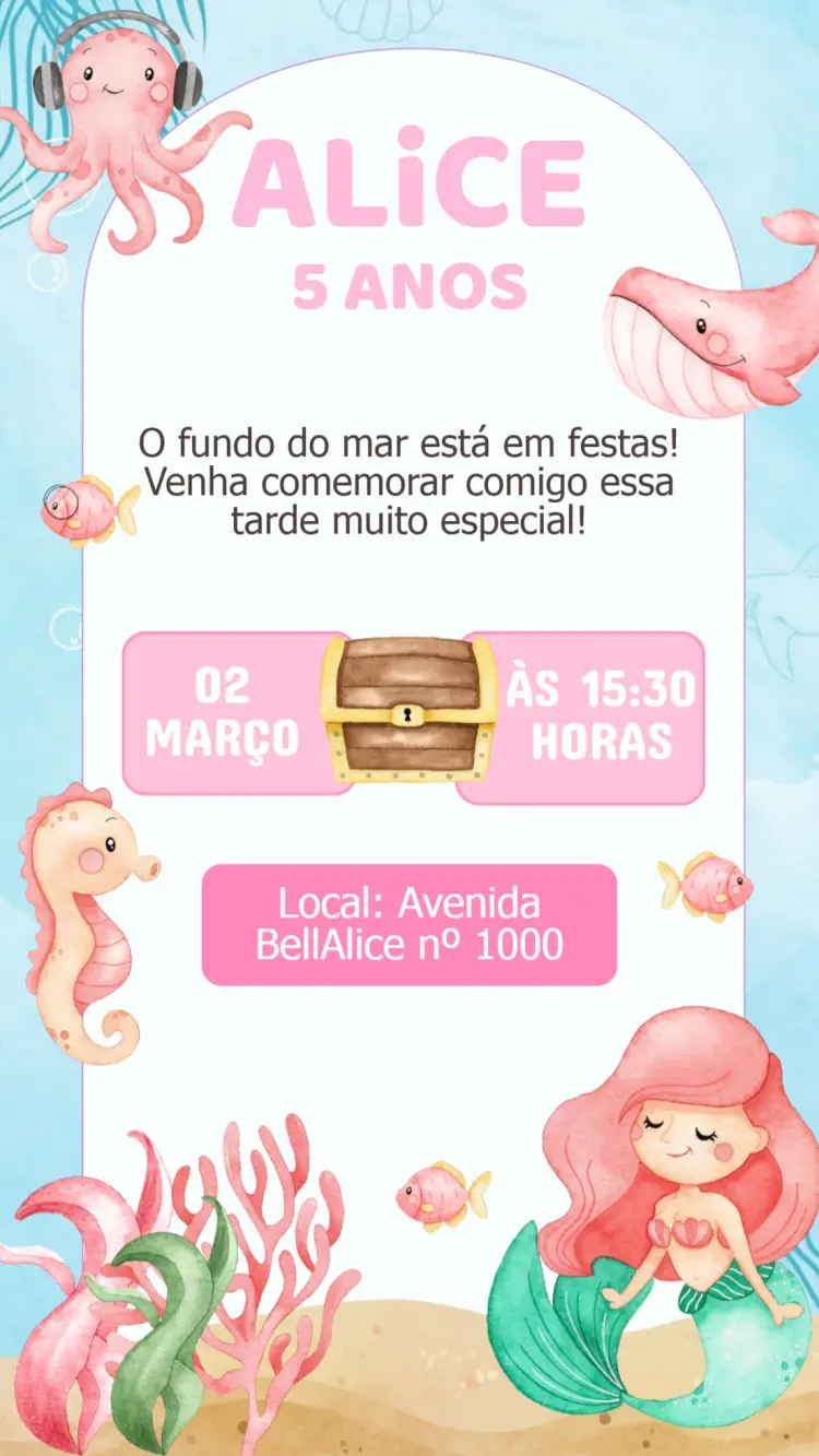 Convite Aniversário Fundo do Mar Aquarela Rosa