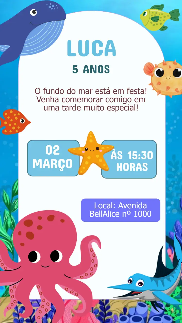 Convite Convite Aniversário Fundo do Mar Cores Vivas – tema Aniversário Infantil cores vivas, estilo marinho, diversão subaquática, elementos gráficos coloridos, design infantil
