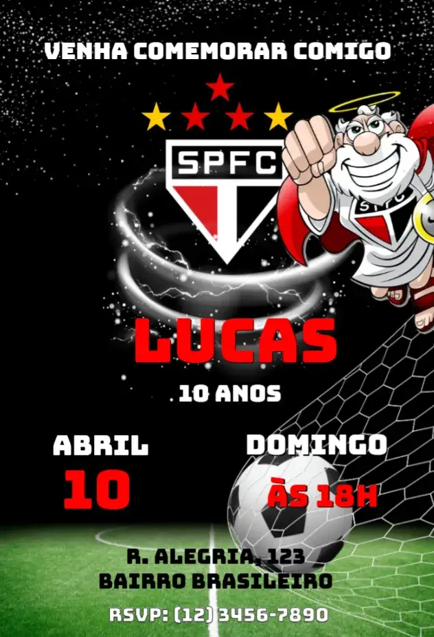 Invitation Convite Aniversário Futebol São Paulo – Aniversário Infantil theme futebol, tricolor, moderno, vibrante, esportivo, divertido