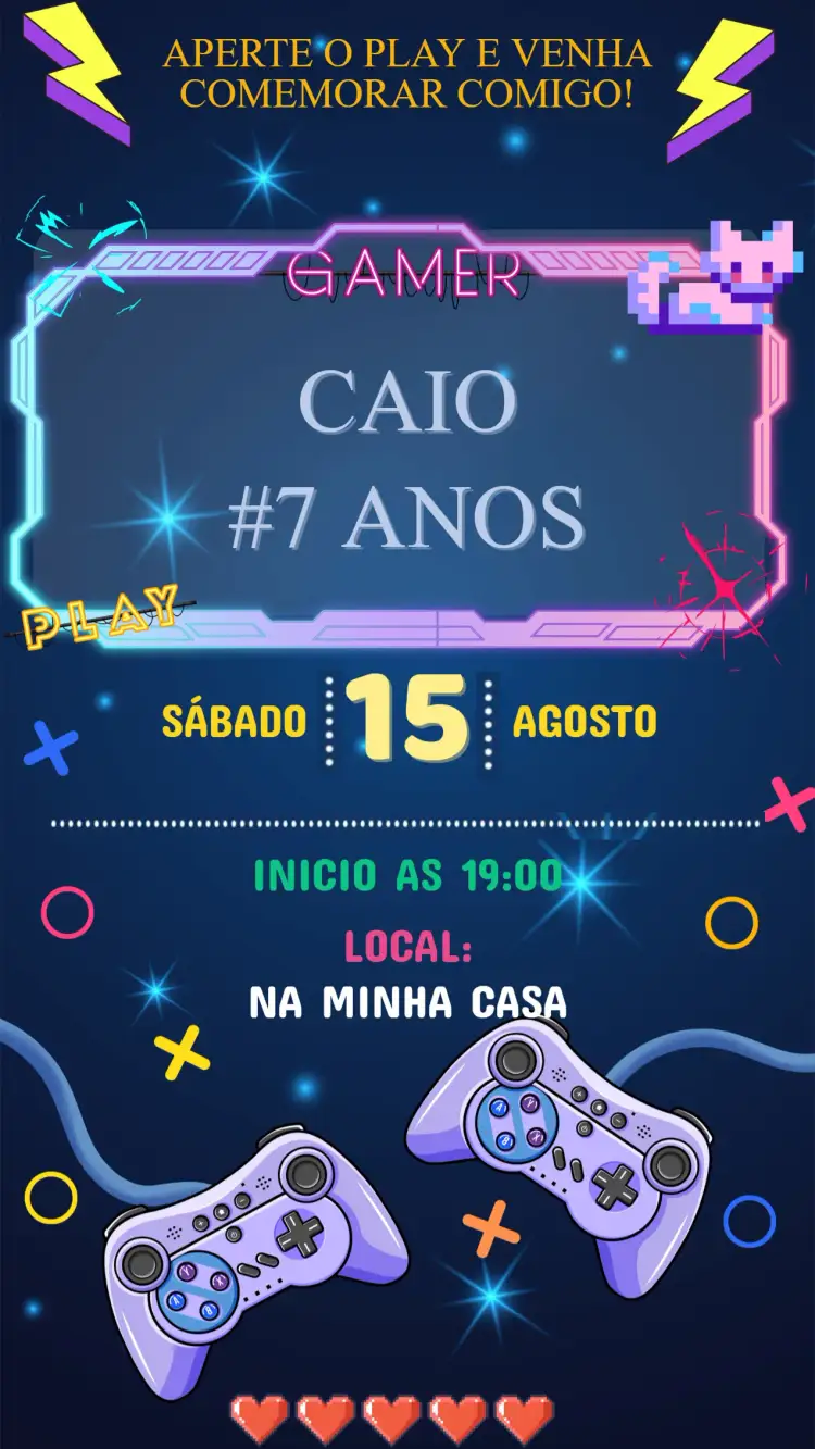 Convite Convite Aniversário Gamer – tema Aniversário Infantil cores vibrantes, pixel art, elementos de jogos, estilo moderno, design divertido