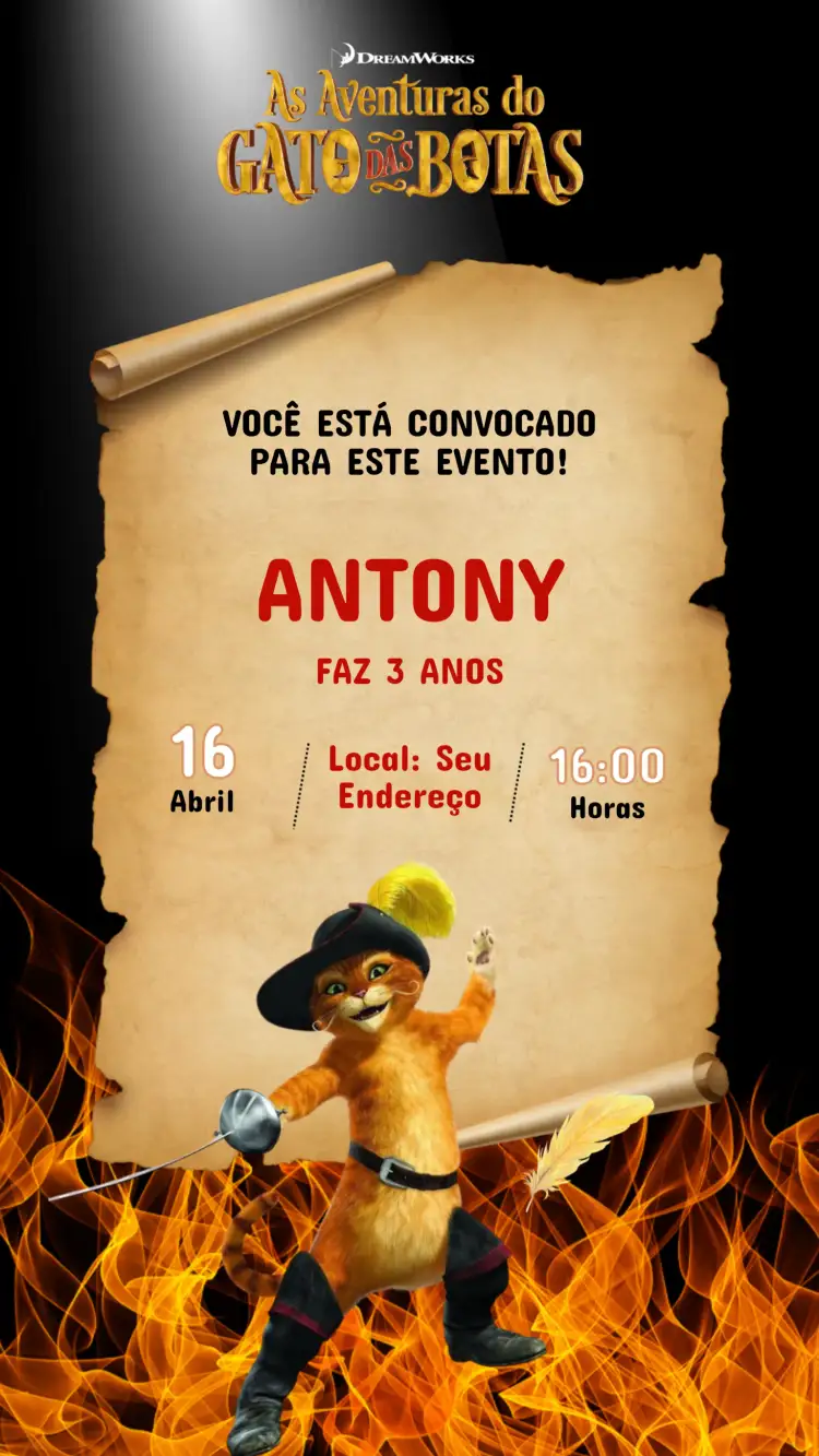 Convite Convite Aniversário Gato de Botas – tema Aniversário Infantil colorido, fantasia, ilustrações infantis, divertido, moderno