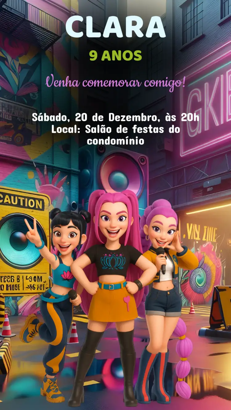 Convite Convite Aniversário Guerreira K-Pop – tema Aniversário Infantil cores vibrantes, estilo moderno, elementos gráficos de música, inspirado no K-Pop, design divertido, visual enérgico