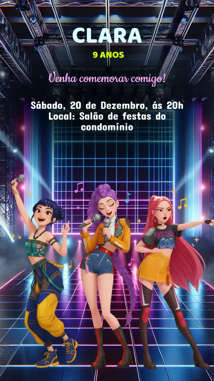 Convite Convite Aniversário Guerreira K-Pop – tema Aniversário Infantil cores vibrantes, estilo moderno, gráficos dinâmicos, elementos K-Pop, design jovem, estética divertida