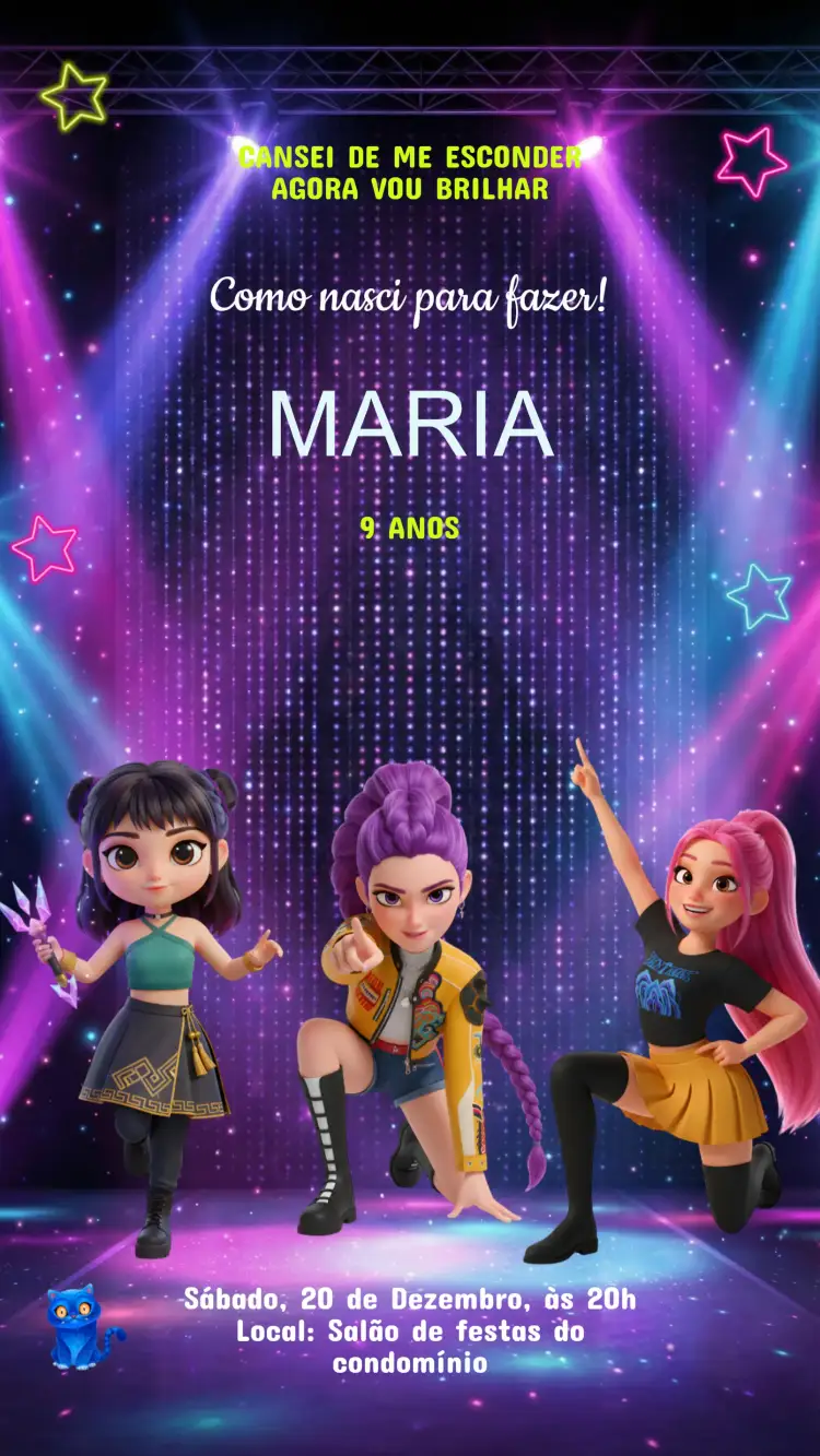 Convite Convite Aniversário Guerreira K-Pop – tema Aniversário Infantil colorido, moderno, jovial, dinâmico, pop, vibrante