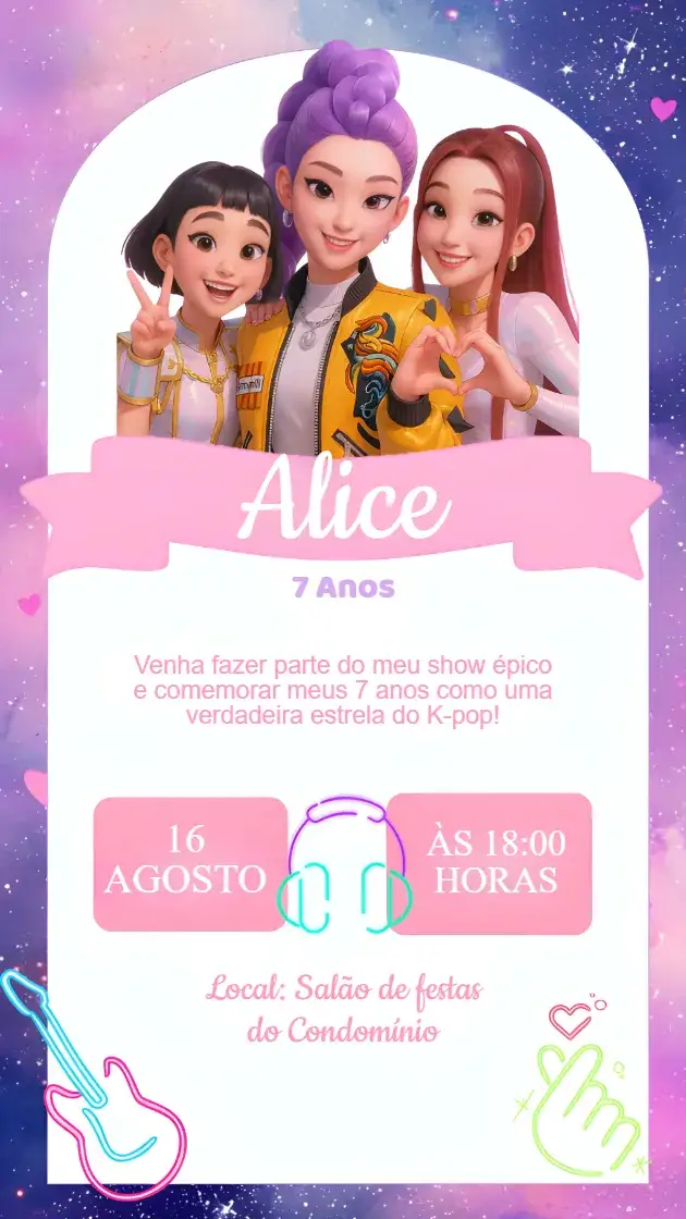 Convite Convite Aniversário Guerreiras do K-POP – tema Aniversário Infantil brilhante, moderno, colorido, dinâmico, inspirado no K-POP, feminino