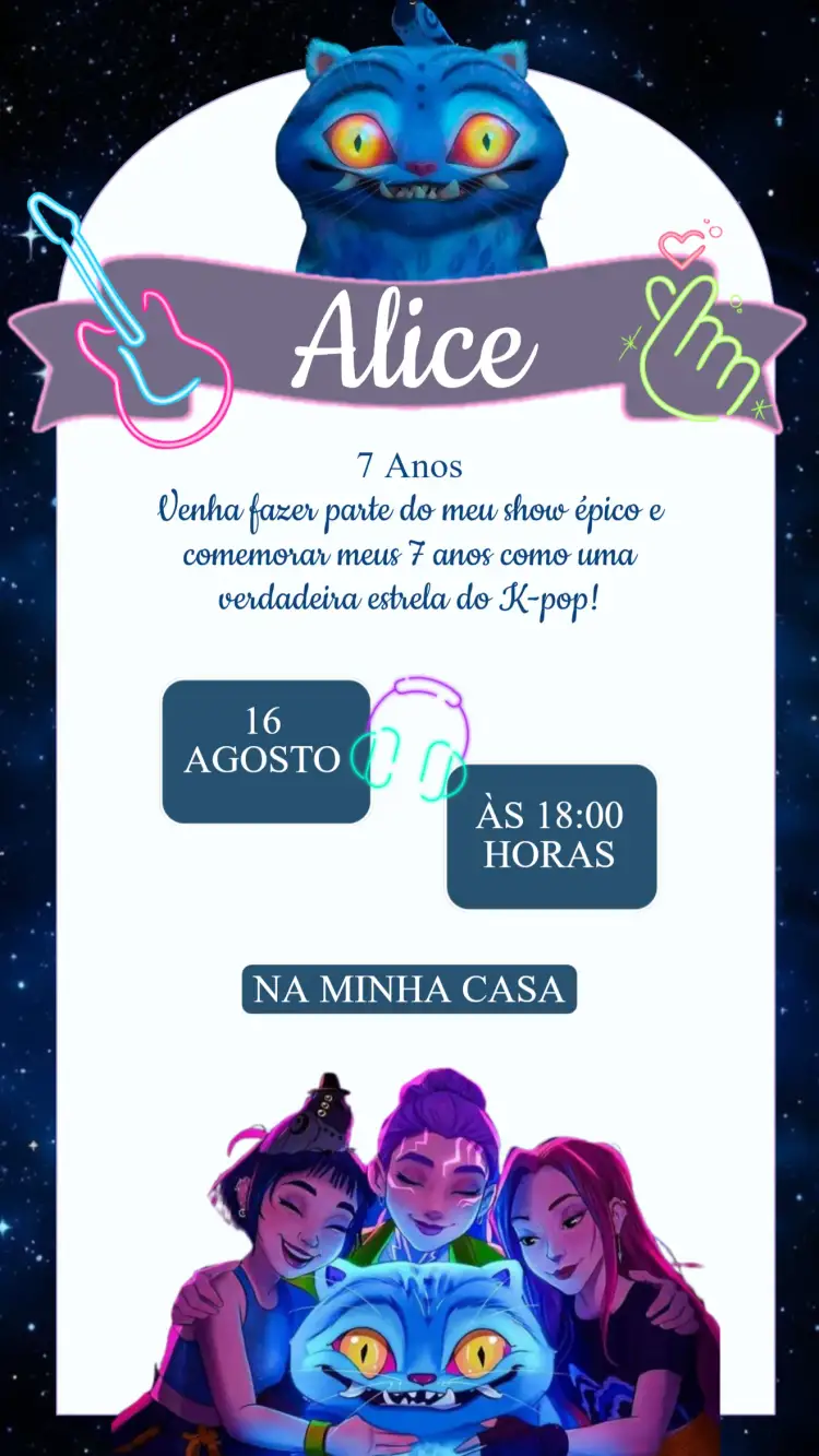 Convite Convite Aniversário Guerreiras do K-POP – tema 15 anos cores vibrantes, estilo moderno, elementos gráficos do K-POP, design alegre, inspiração pop, estilo urbano