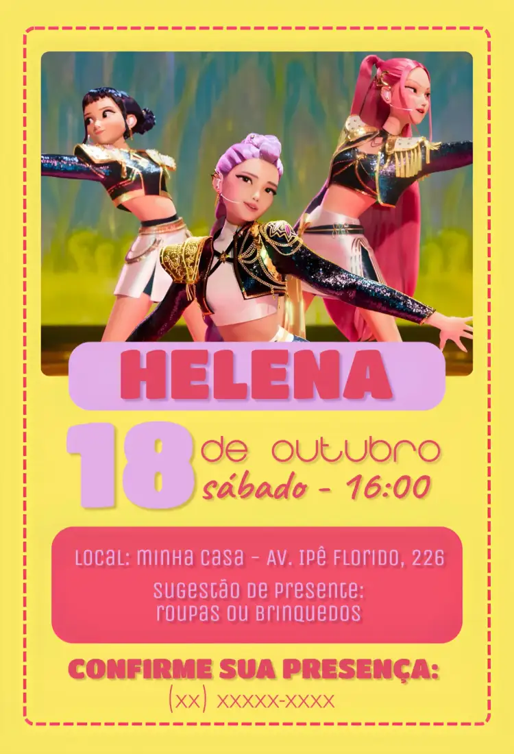 Convite Convite aniversário Guerreiras do Kpop – tema Aniversário Infantil colorido, moderno, temático, divertido, jovial