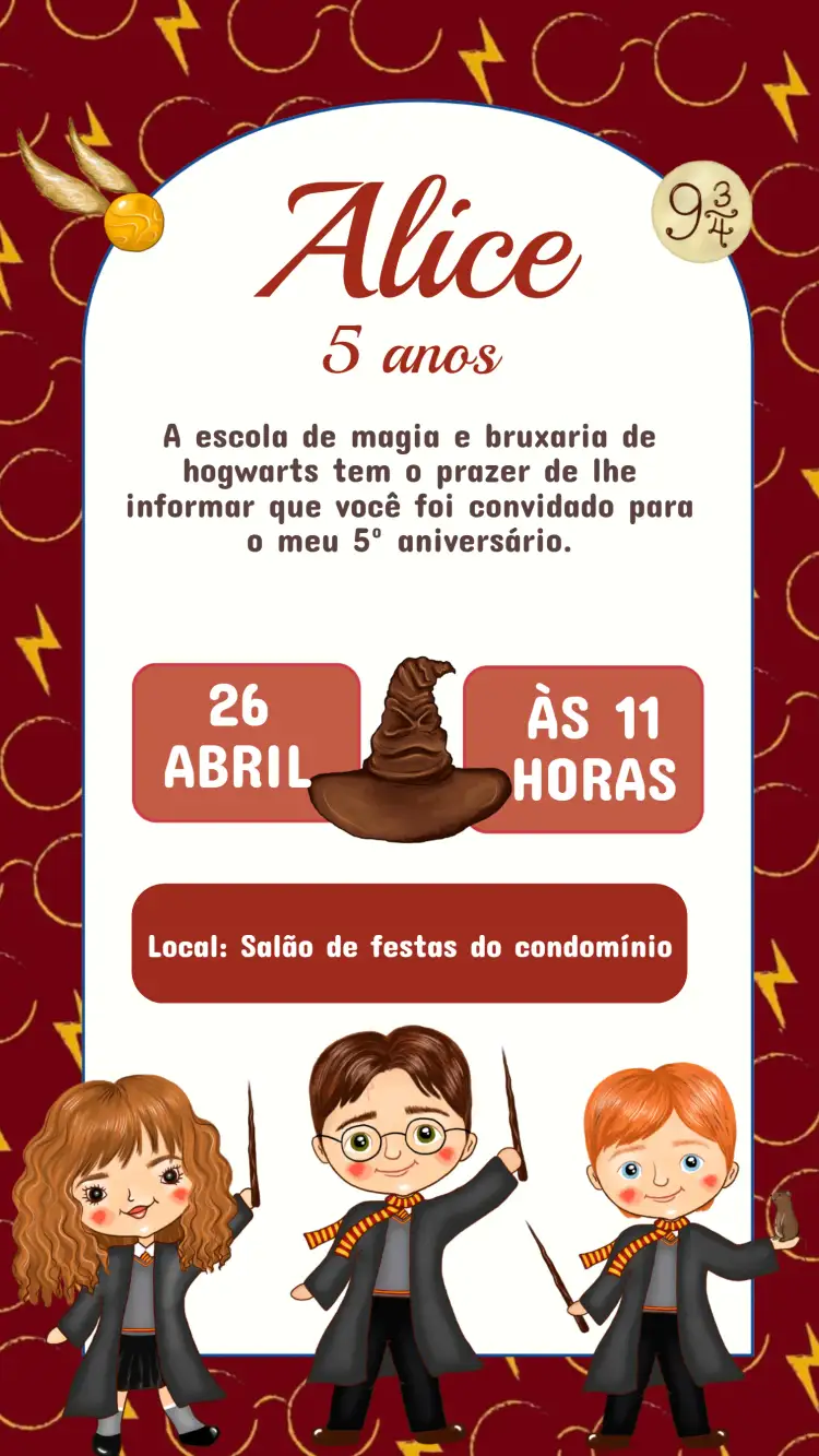 Convite Convite Aniversário Harry Potter – tema Aniversário Infantil mágico, fantasia, colorido, ilustrações de bruxaria, elementos do universo Harry Potter