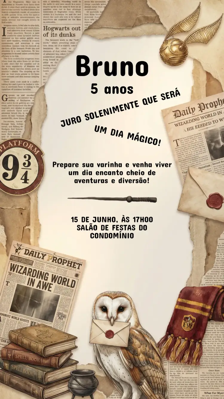 Convite Convite Aniversário Harry Potter – tema Aniversário Infantil mágico, bruxo, aventura, colorido, fantasia, ilustrações encantadoras