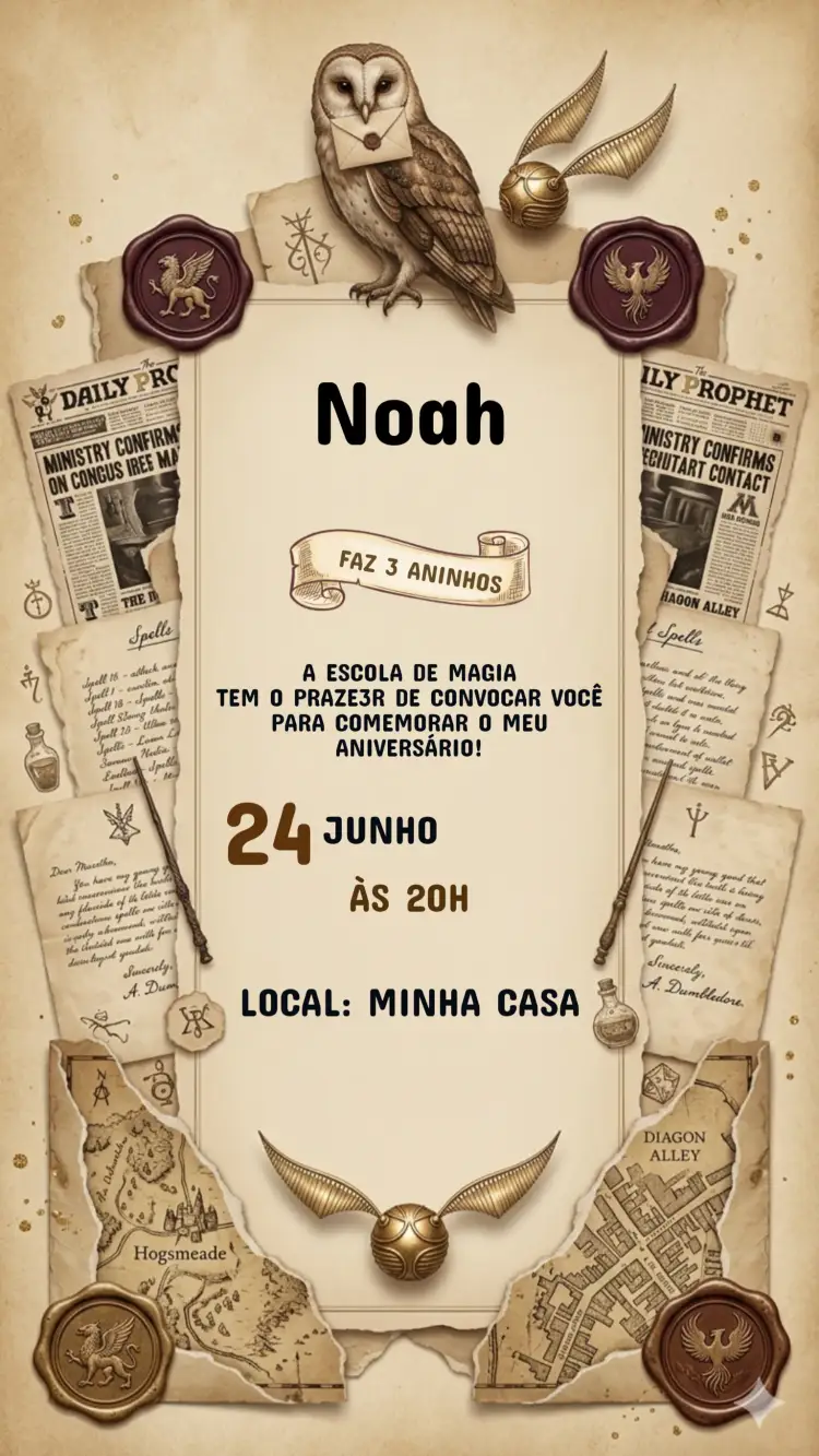 Convite Convite Aniversário Harry Potter – tema Aniversário Infantil mágico, fantasia, temática, colorido, aquarela, ilustrações de bruxos