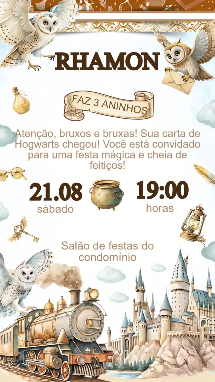 Convite Convite Aniversário Harry Potter – tema Aniversário Infantil mágico, vibrante, fantasia, bruxaria, colorido, aventura