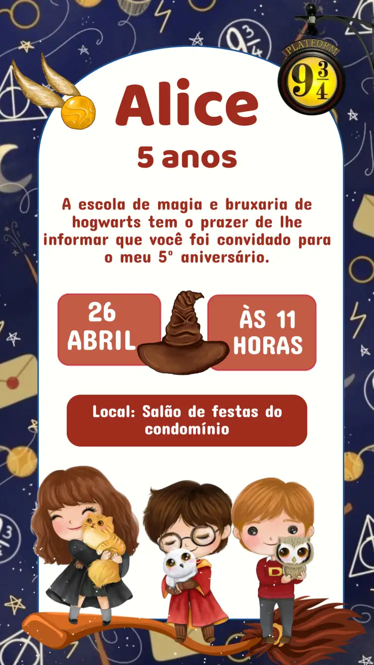 Convite Convite Aniversário Harry Potter Cute – tema Aniversário Infantil mágico, colorido, fantasia, divertido, ilustrações de bruxos, estilo cartoon