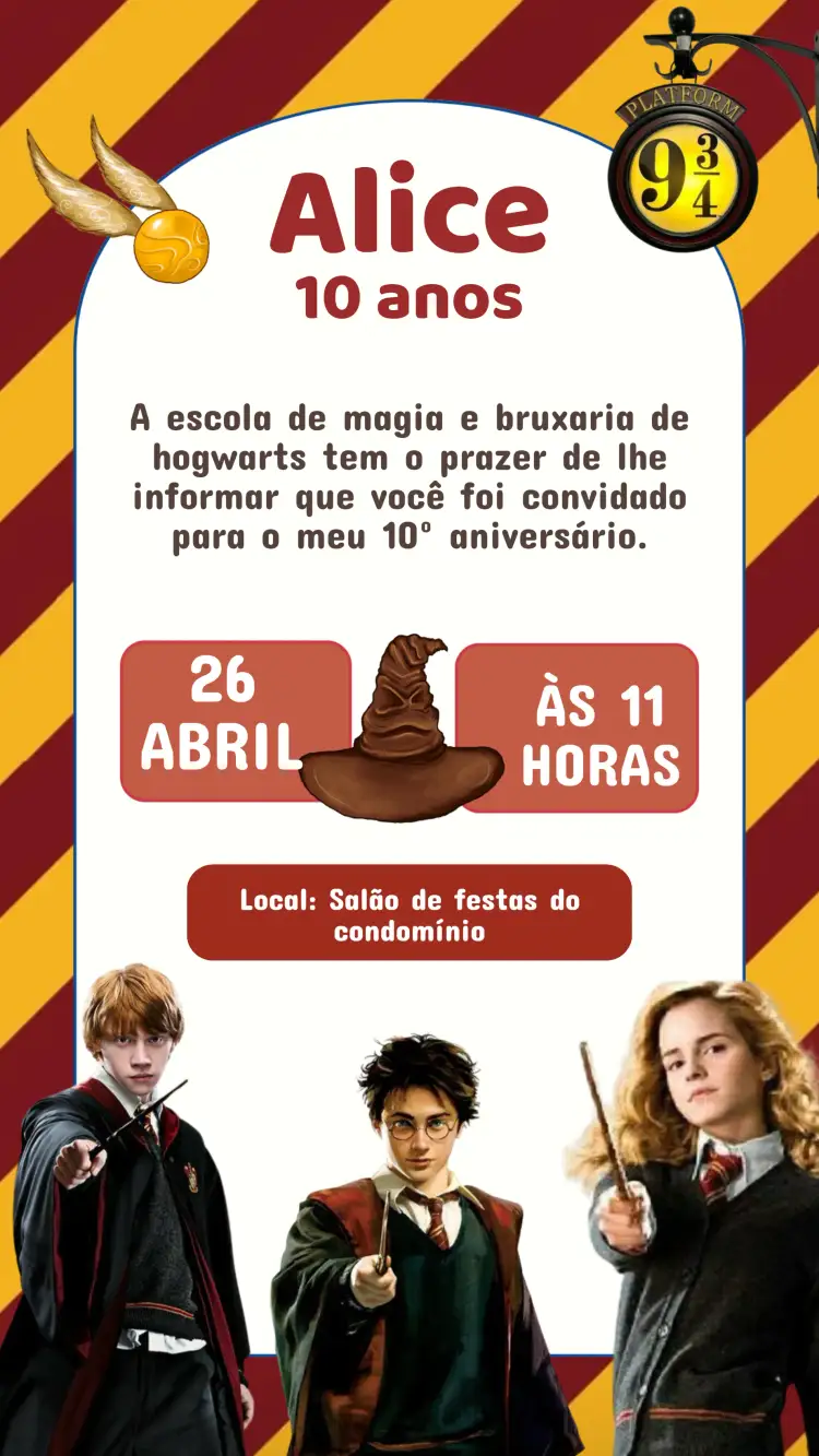 Convite Convite Aniversário Harry Potter Tradicional – tema Aniversário Infantil mágico, vibrante, fantasia, colorido, ilustrações de bruxos, universo Harry Potter