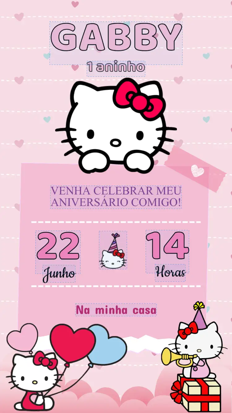 Convite Convite Aniversário Hello Kitty – tema Aniversário Infantil colorido, infantil, lúdico, divertido, feminino, temático