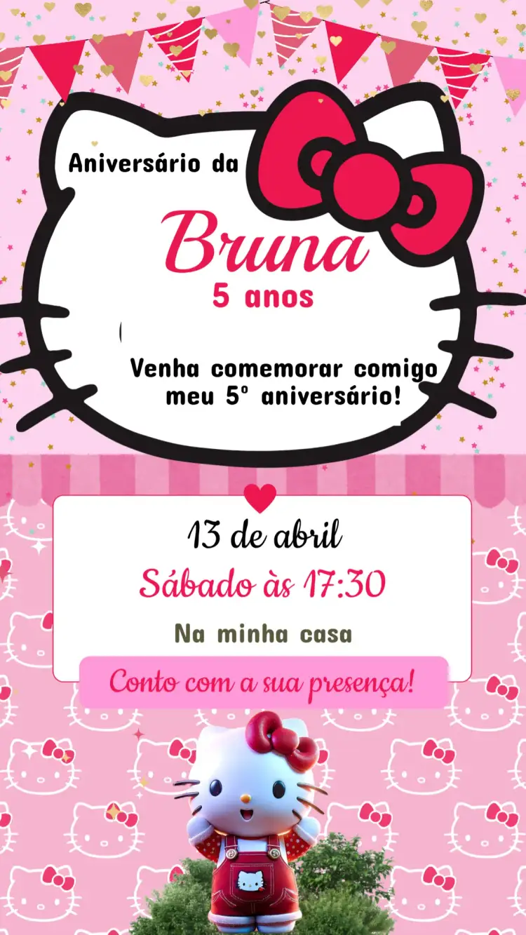 Convite Convite Aniversário Hello Kitty – tema Aniversário Infantil cores pastel, ilustrações divertidas, estilo lúdico, elementos de festa, vibrante e alegre, tema hello kitty