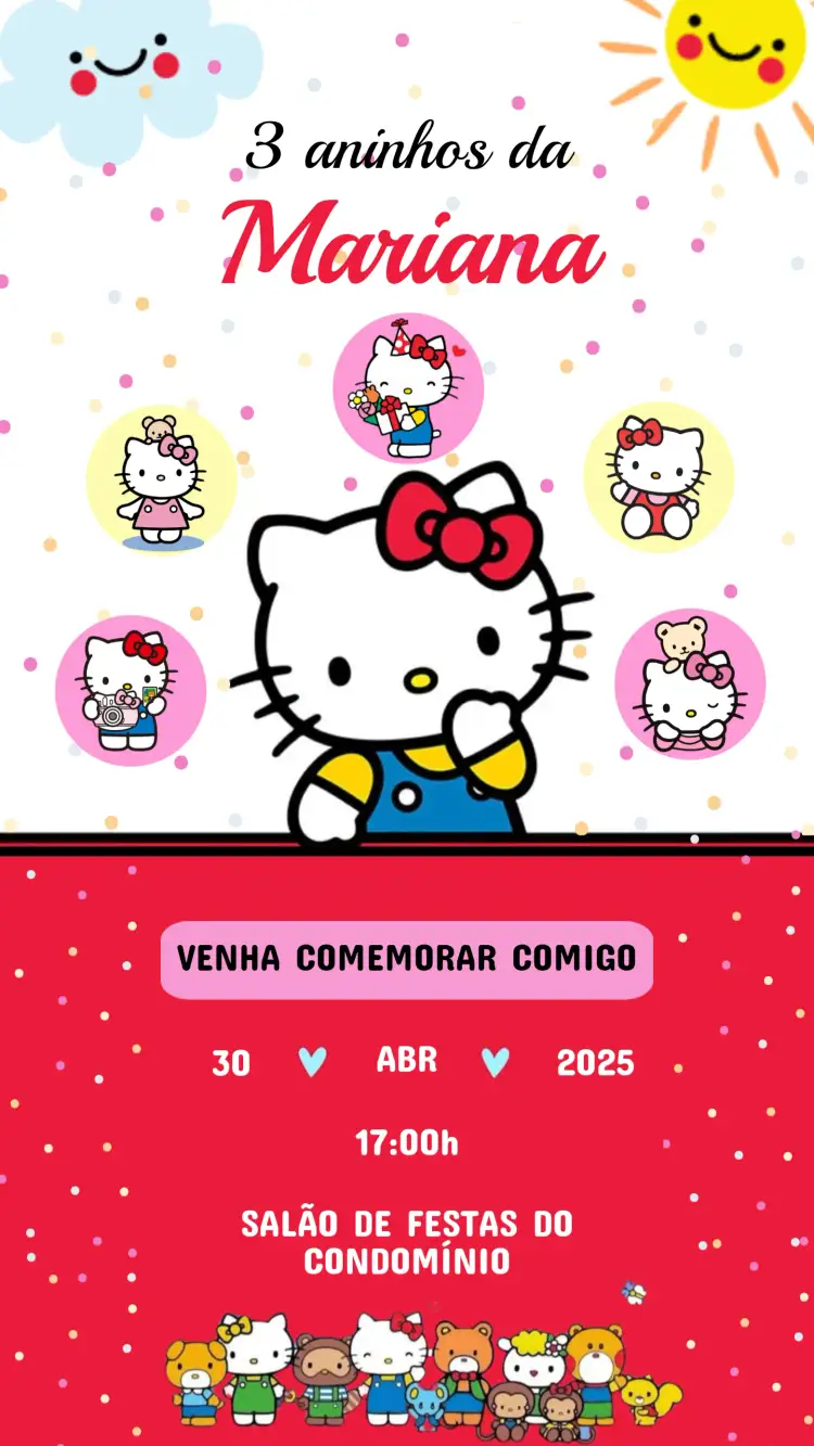 Convite Convite Aniversário Hello Kitty – tema Aniversário Infantil cores pastel, estilo lúdico, elementos gráficos da Hello Kitty, design divertido, inspirado em personagens, temática fofa