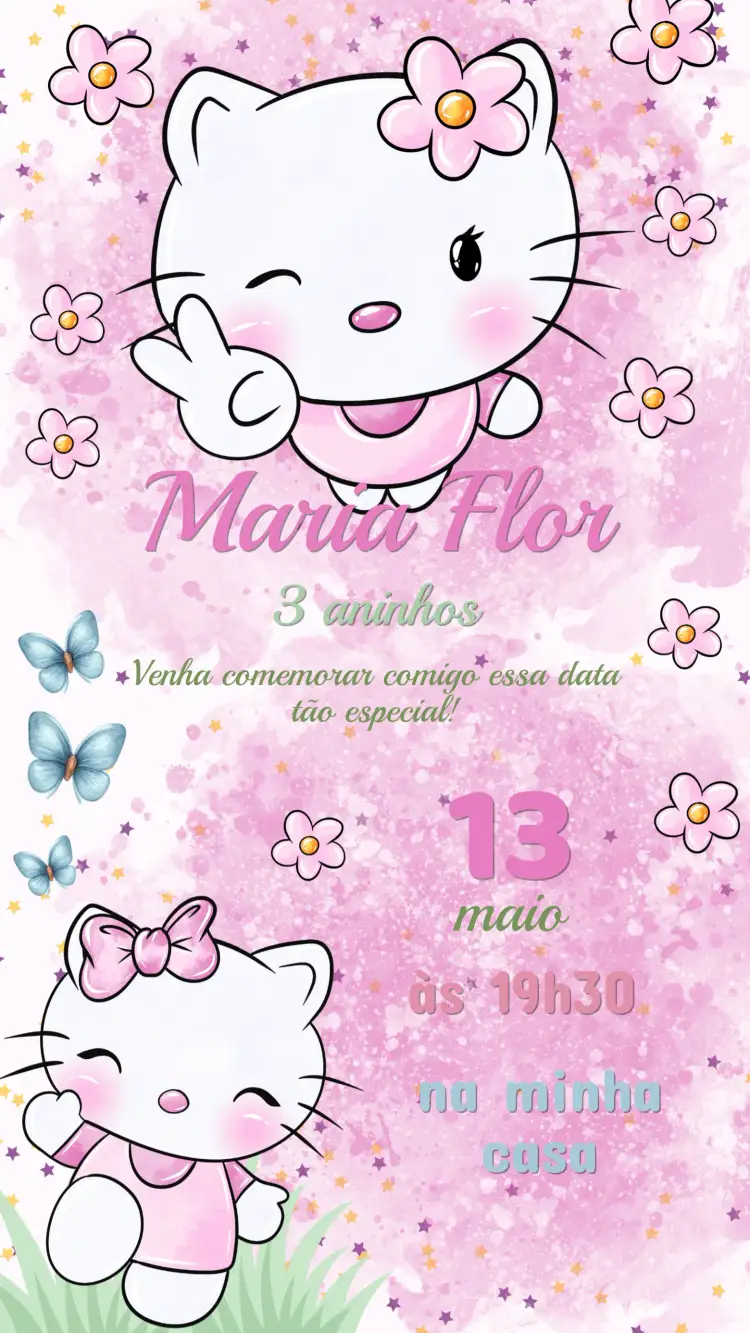 Convite Convite Aniversário Hello Kitty – tema Aniversário Infantil colorido, fofo, divertido, infantil, temático