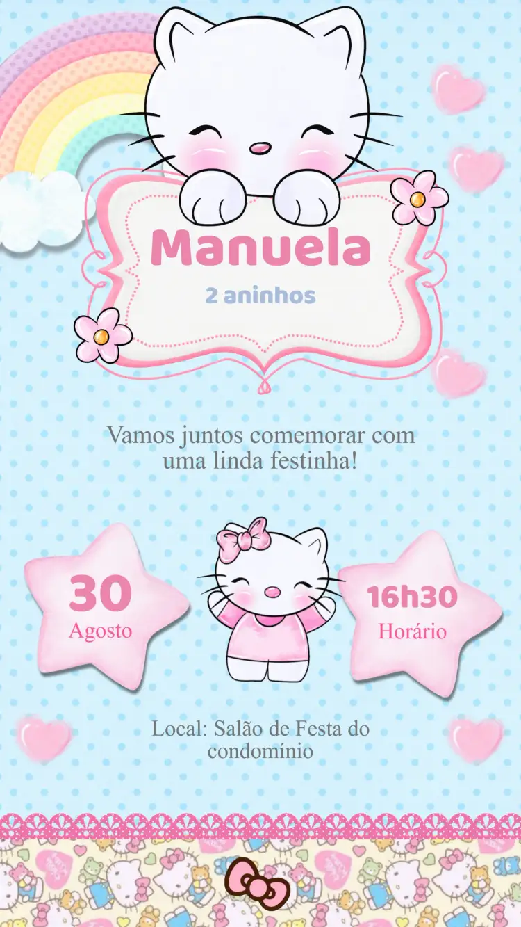 Convite Convite Aniversário Hello Kitty – tema Aniversário Infantil colorido, lúdico, infantil, vibrante, kawaii