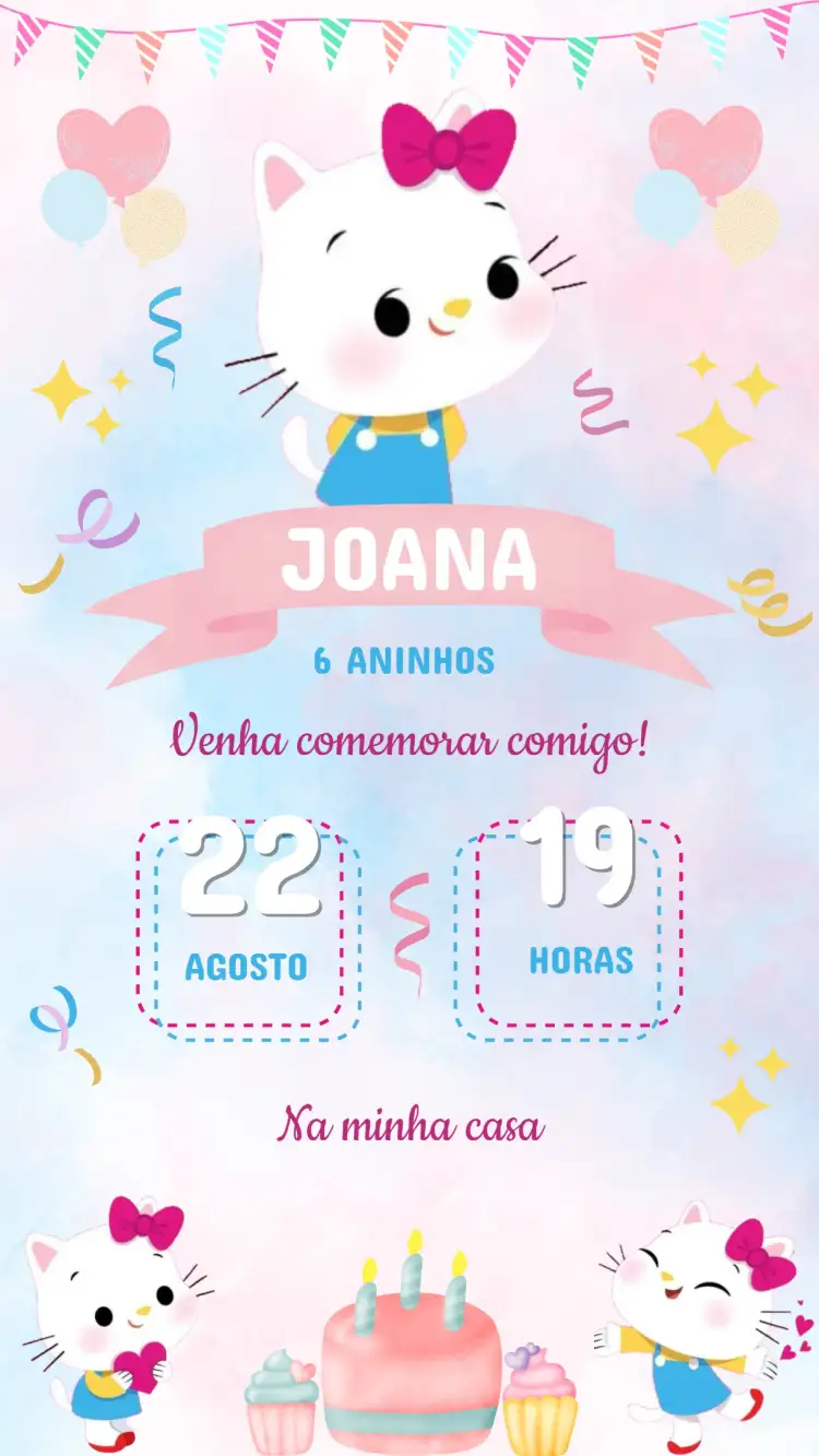 Convite Convite Aniversário Hello Kitty – tema Aniversário Infantil cores suaves, lúdico, moderno, infantil, colorido