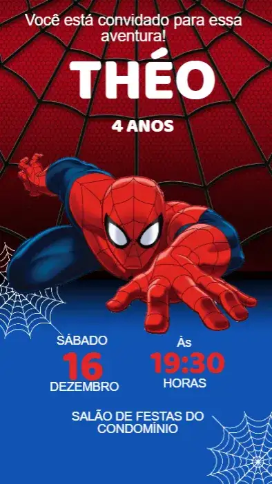 Convite Digital Homem-Aranha Infantil Editável e Personalizado