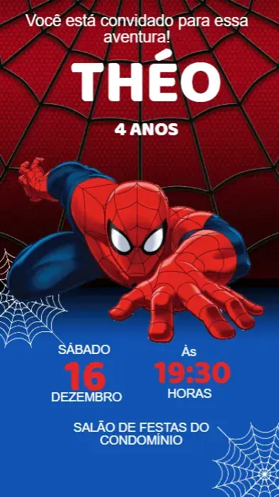 Convite Digital Homem-Aranha Infantil Editável e Personalizado