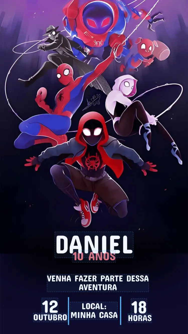Convite Convite Aniversário Homem Aranha – tema Aniversário Infantil cores vibrantes, estilo urbano, elementos gráficos de super-heróis, design moderno, ilustrações divertidas, estilo dinâmico