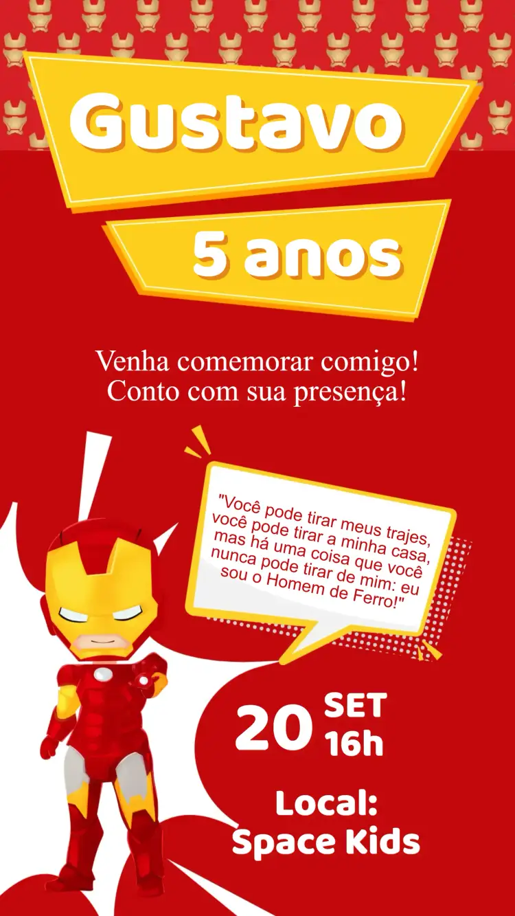Convite Convite Aniversário Homem de Ferro – tema Aniversário Infantil moderno, tecnológico, colorido, super-heróis, aventureiro