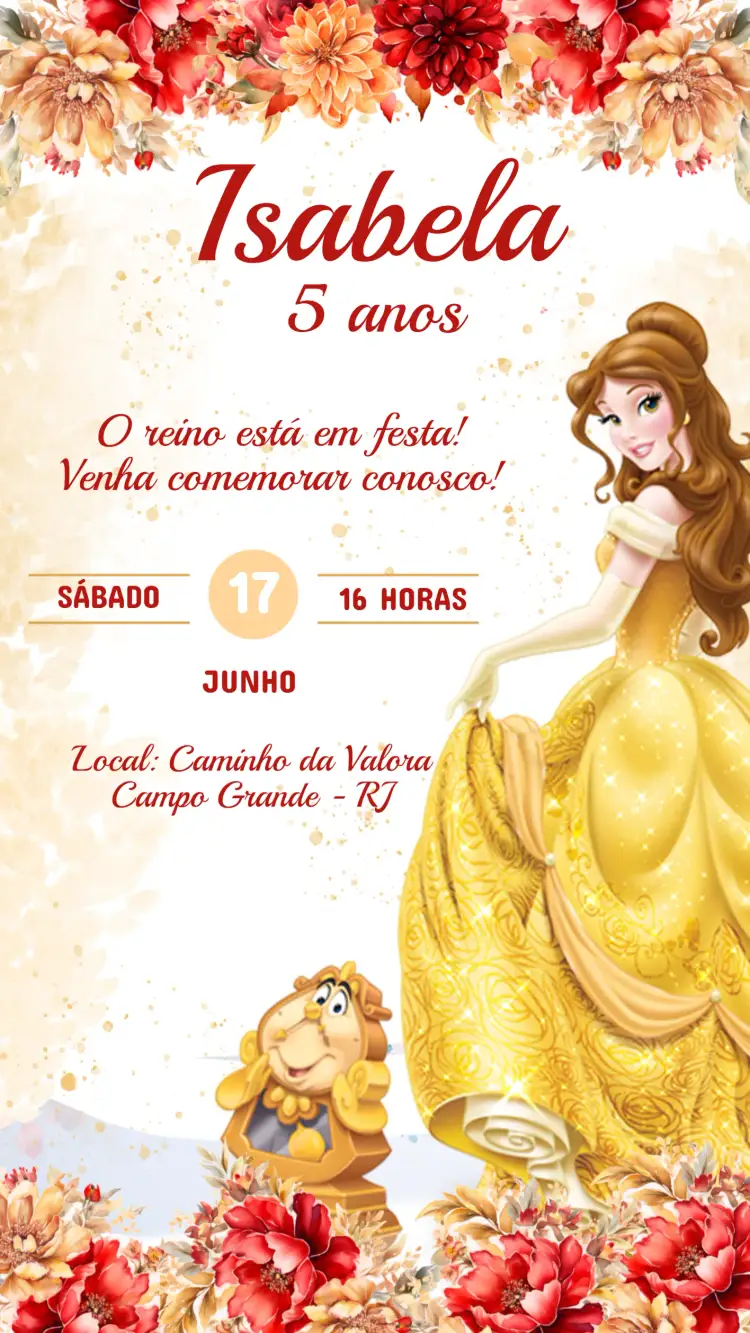 Invitation Invitation Children's Birthday THE BEAUTY AND THE BEAST – Kids' Birthday Party theme vibrant colors, fairy tale elements, playful design, charming illustrations, romantic style, floral details