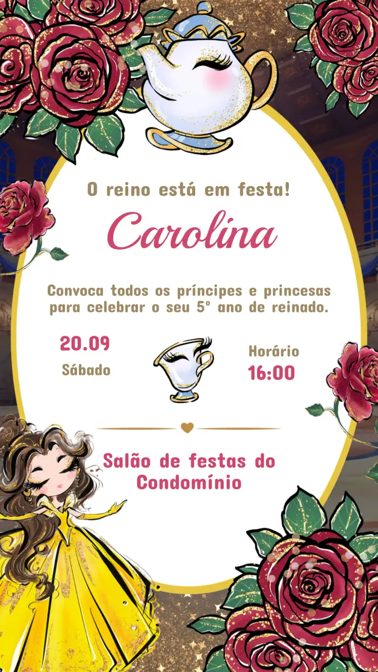 Convite Aniversário Infantil A Bela e a Fera