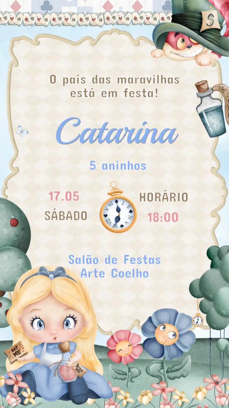 Invitación Cumpleaños Infantil Alicia en el País de las Maravillas