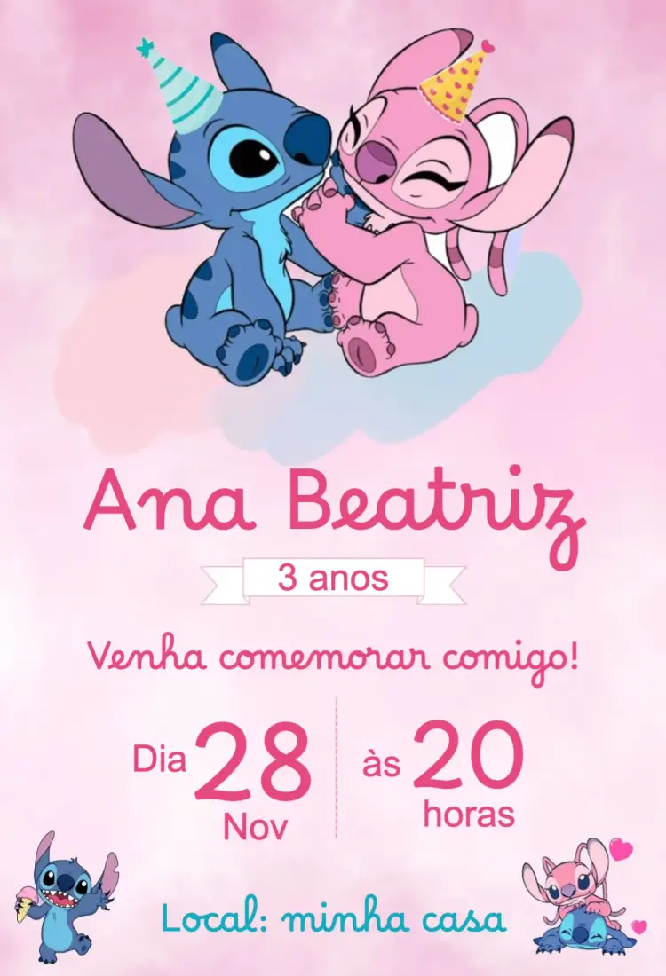 Convite aniversário infantil Angel e Stitch