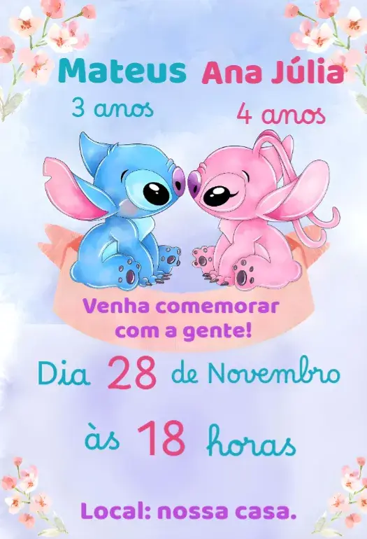 Convite aniversário infantil Angel e Stitch