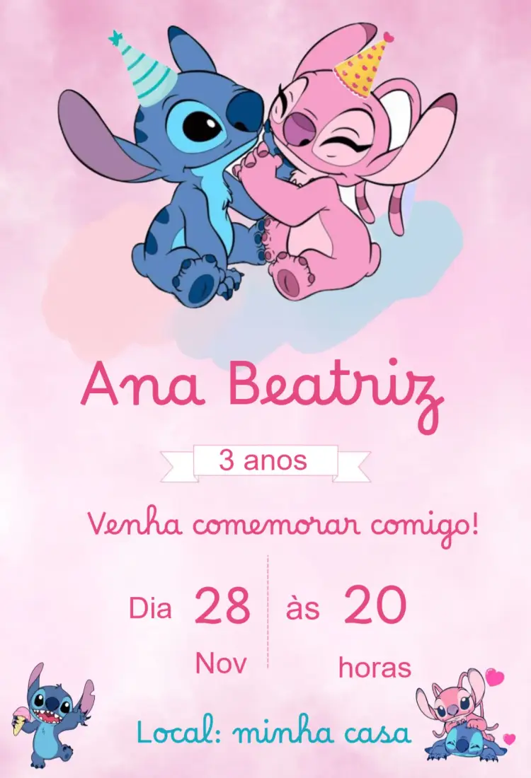 Convite aniversário infantil Angel e Stitch