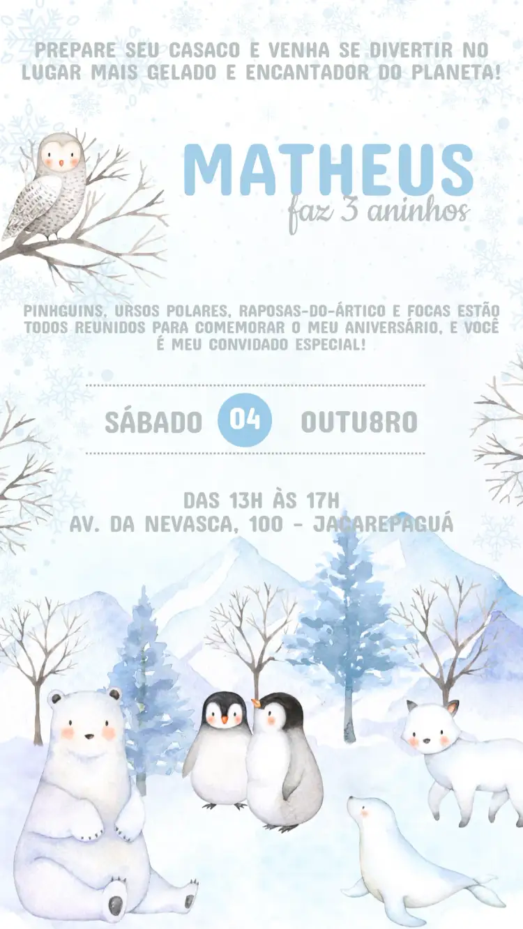 Convite Convite Aniversário Infantil ANIMAIS DO ÁRTICO – tema Aniversário Infantil animais do ártico, cores suaves, ilustrações divertidas, estilo lúdico, natureza, festa temática