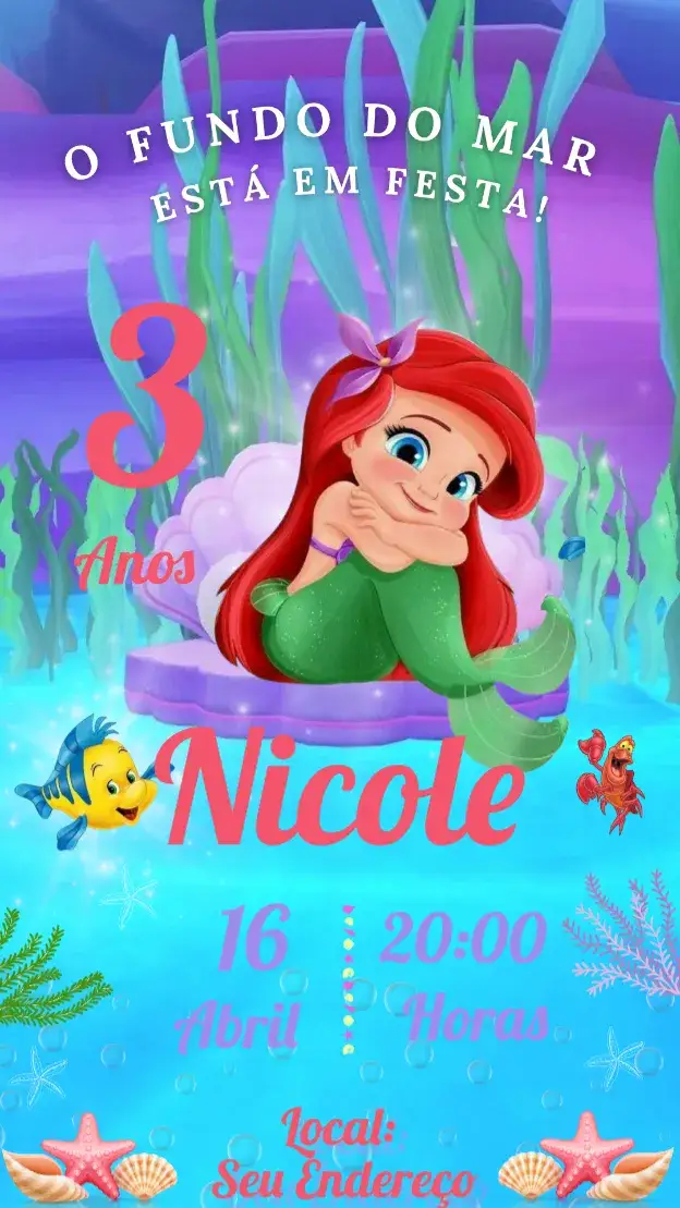 Invitation Convite Aniversário Infantil Ariel – Cartão theme fundo do mar, cores vibrantes, elementos marinhos, ilustrações lúdicas, estilo divertido, tema encantado