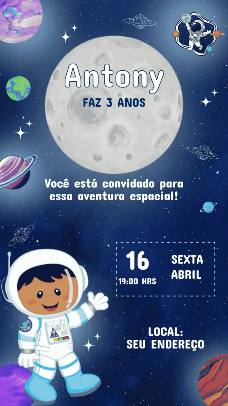 Invitación Convite Aniversário Infantil Astronauta – tema Aniversário Infantil espacial, colorido, divertido, moderno, ilustrações de planetas, estilo cartoon