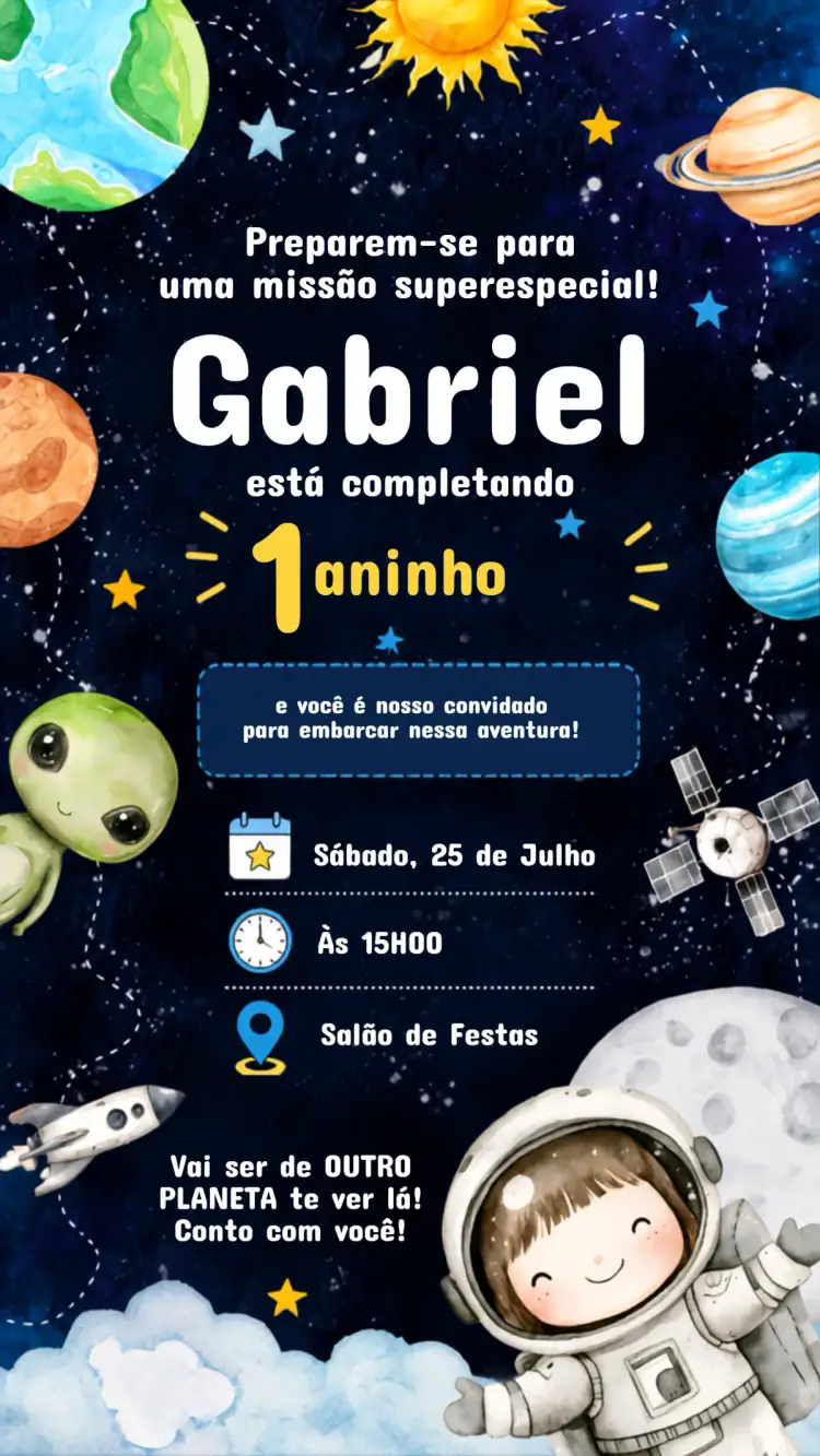 Invitación Invitación Cumpleaños Infantil ASTRONAUTA – tema Cumpleaños Infantil espacio, estrellas, planetas, colores vibrantes, moderno, lúdico