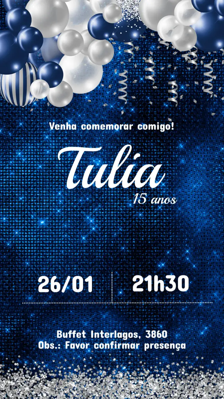 Invitación Cumpleaños Infantil AZUL Y PLATA 15 AÑOS