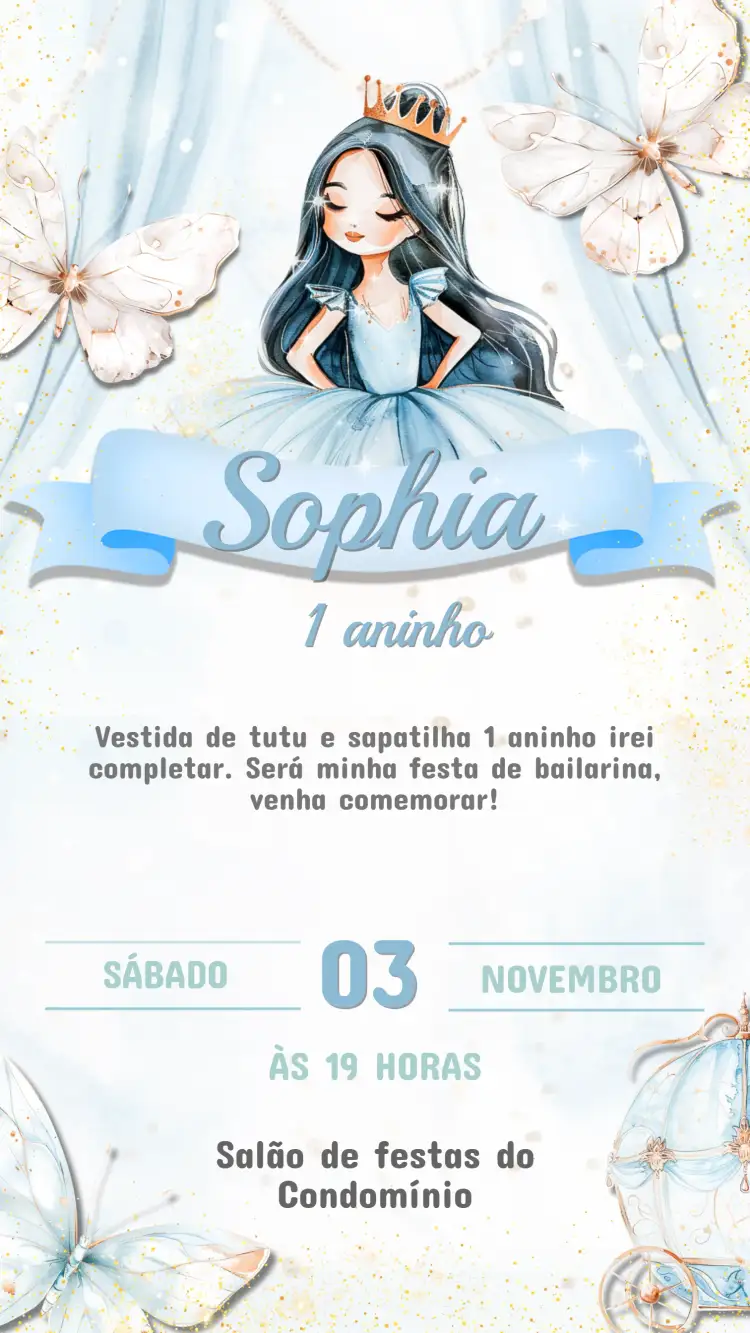 Convite Convite Aniversário Infantil Bailarina – tema Aniversário Infantil delicado, cores pastel, dança, feminino, divertido, infantil