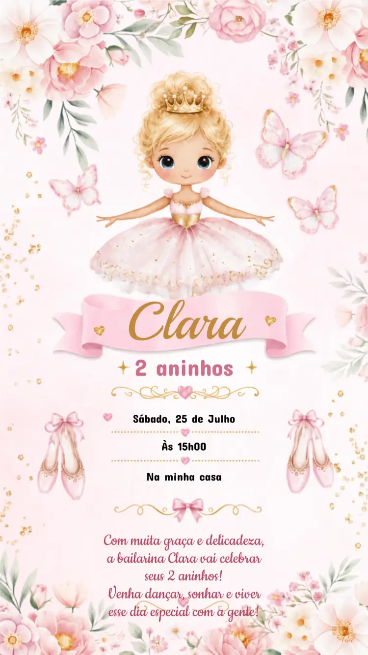 Invitación Invitación Cumpleaños Infantil Bailarina – tema Cumpleaños Infantil rosa delicado, ballet, elegante, festivo, infantil, colorido