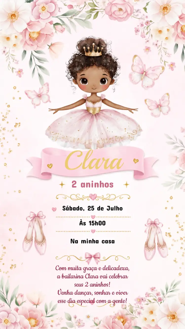 Invitación Invitación Cumpleaños Infantil Bailarina Morena – tema Cumpleaños Infantil tonos suaves, estilo lúdico, elementos de baile, diseño encantador, toques delicados, ilustraciones infantiles